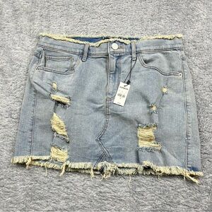 NWT Express Light Blue Distressed Raw Hem Denim Mini Skirt Sz 10